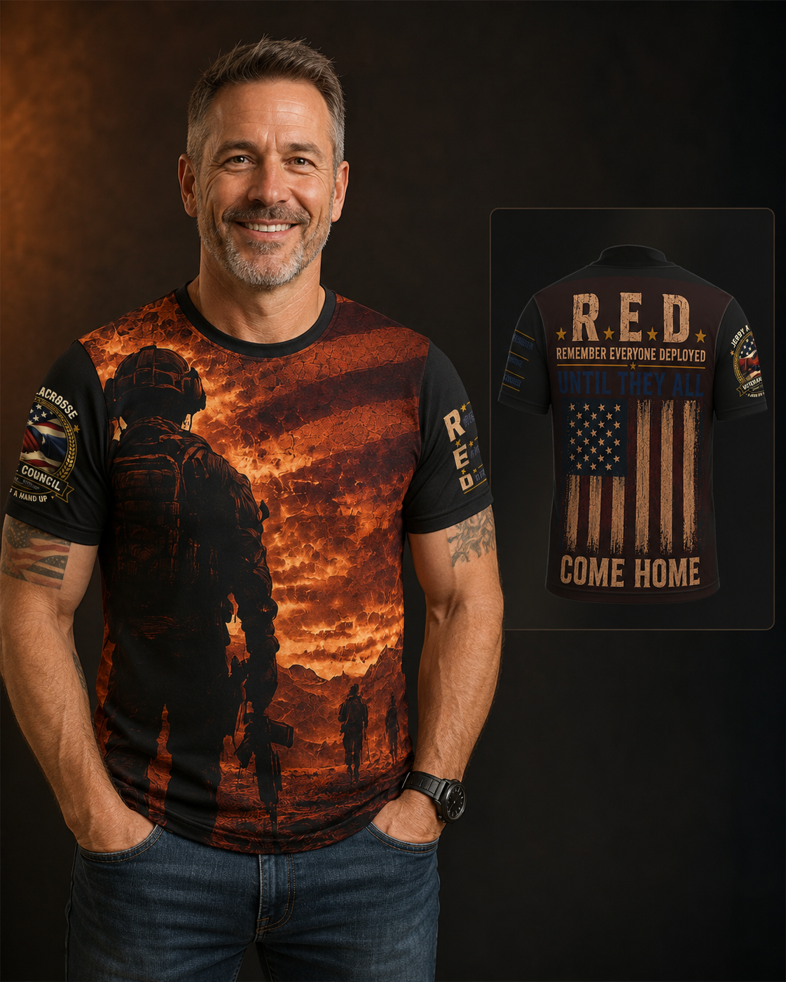 Jeff modeling the JAVC R.E.D. shirt with a view of the back design