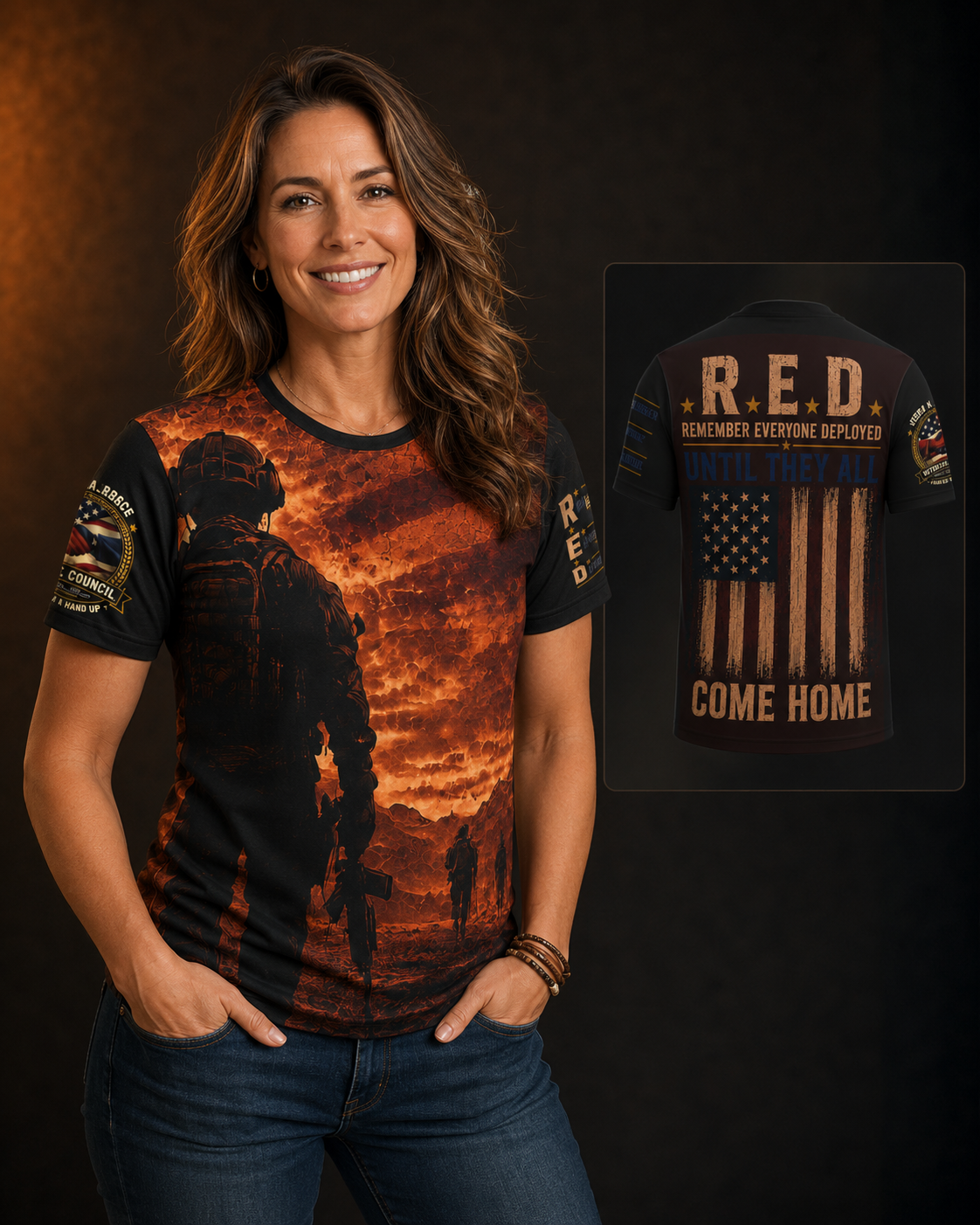 Sarah modeling the JAVC R.E.D. shirt with a view of the back design